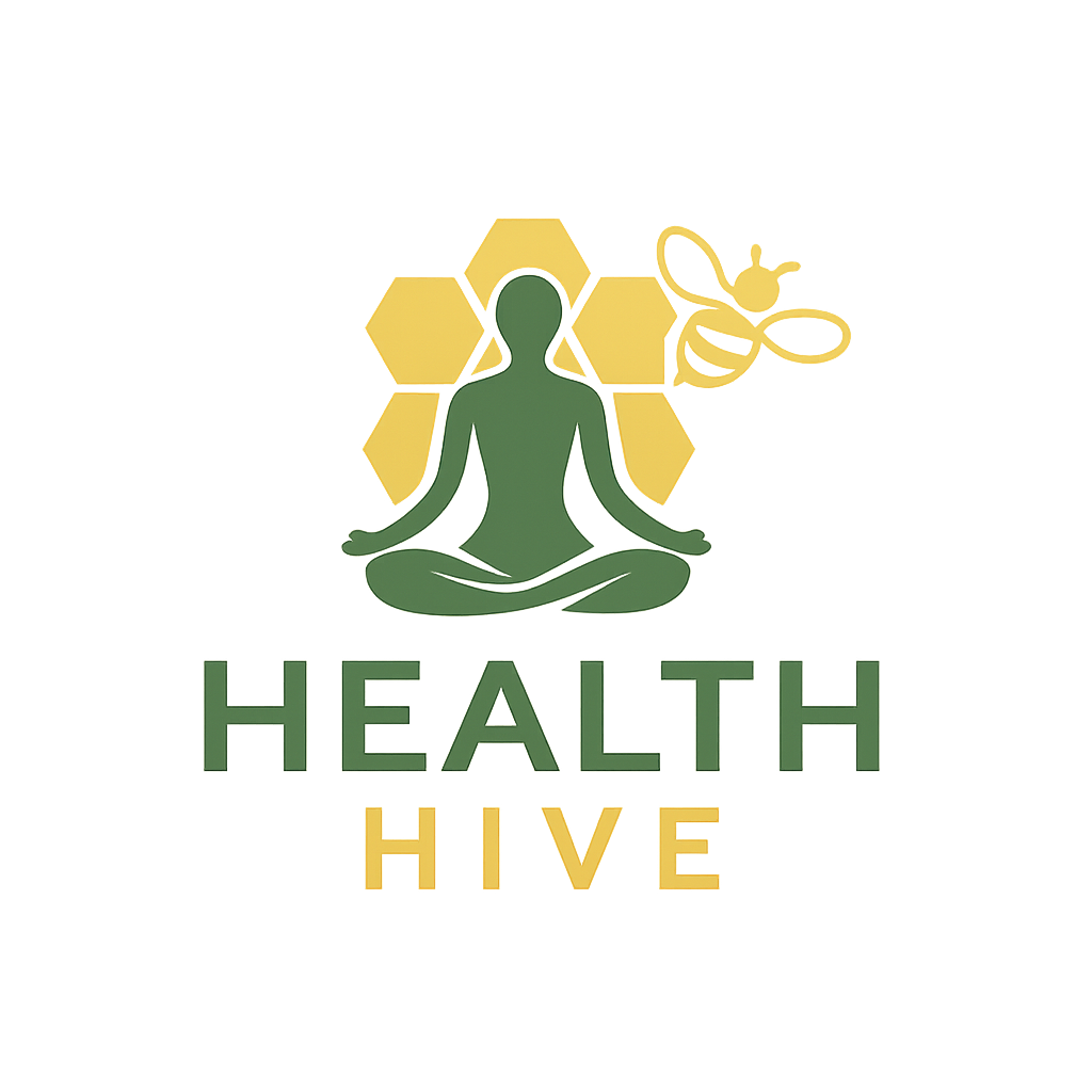 Wellness and nature inspired the Health Hive logo with bee and yoga symbol.